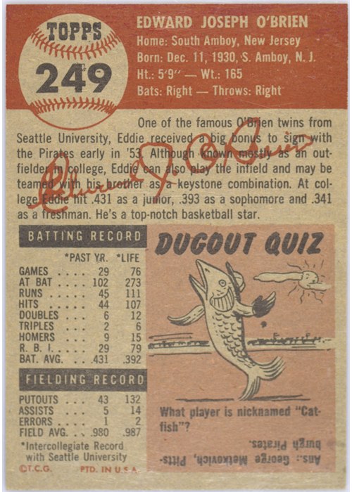 1953 Topps #249 Eddie O'Brien card back