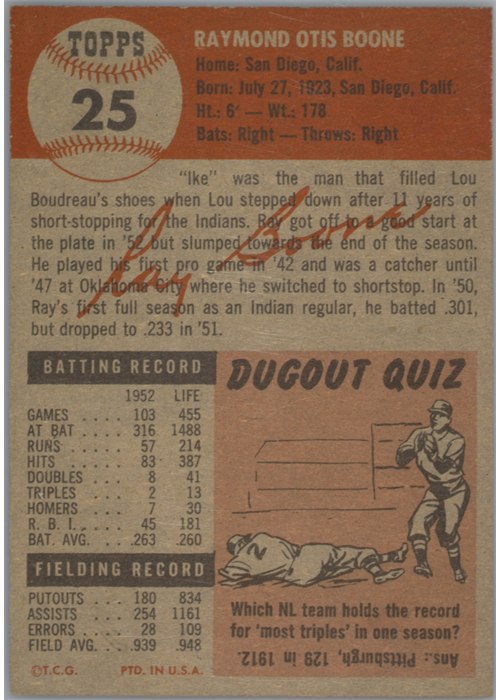1953 Topps #25 Ray Boone card back