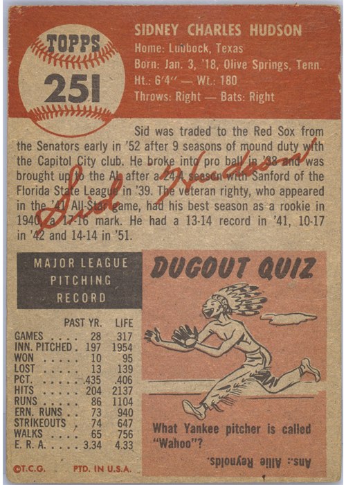 1953 Topps #251 Sid Hudson card back