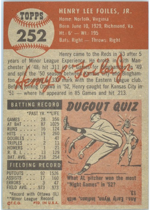 1953 Topps #252 Henry Foiles card back