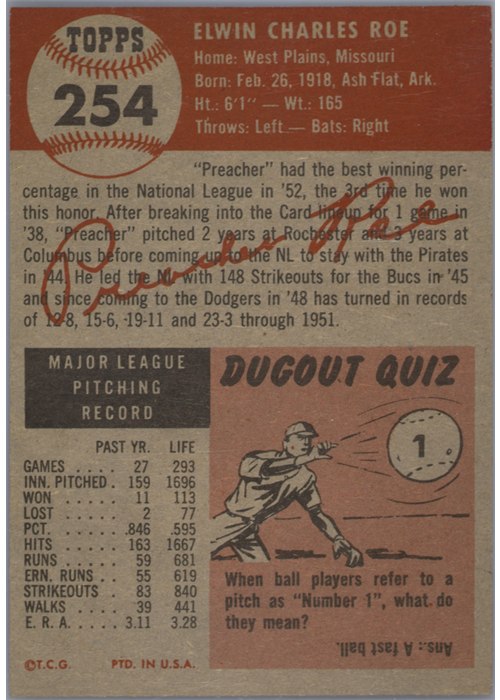 1953 Topps #254 Preacher Roe card back