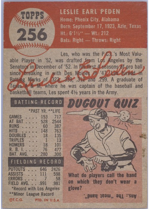 1953 Topps #256 Les Peden card back