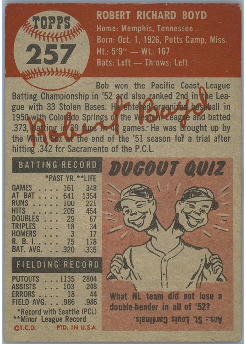 1953 Topps #257 Bob Boyd card back