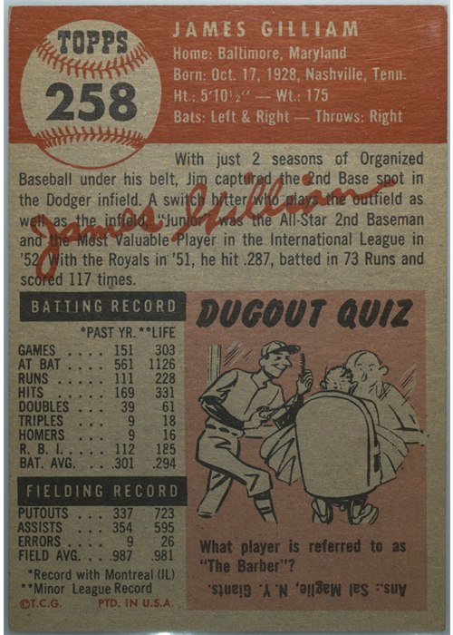 1953 Topps #258 Jim Gilliam card back