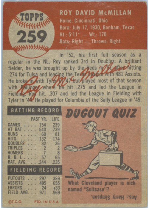 1953 Topps #259 Roy McMillan card back