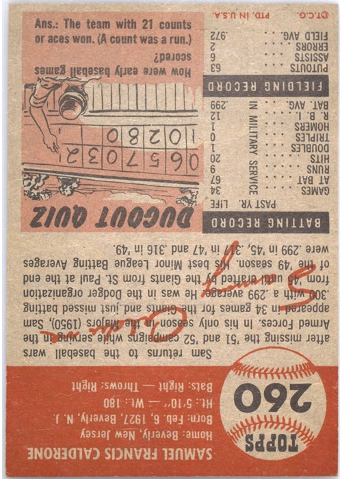 1953 Topps #260 Sam Calderone card back