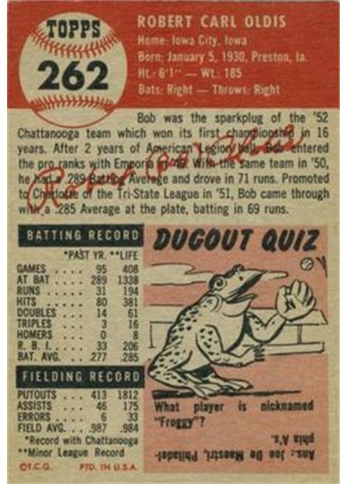1953 Topps #262 Bob Oldis card back