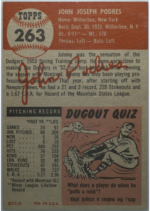 1953 Topps #263 John Podres card back
