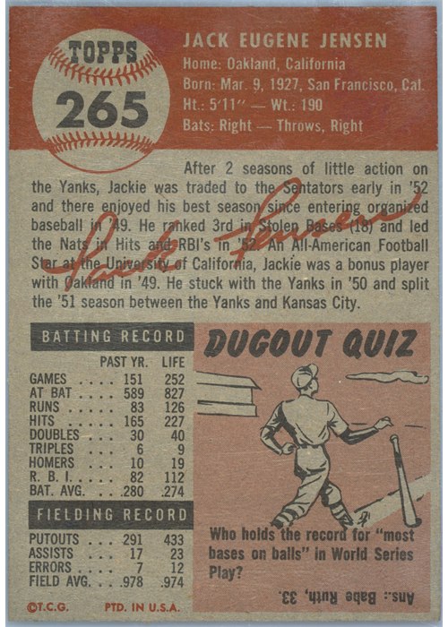 1953 Topps #265 Jackie Jensen card back