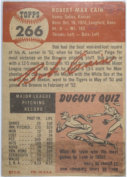 1953 Topps #266 Bob Cain card back