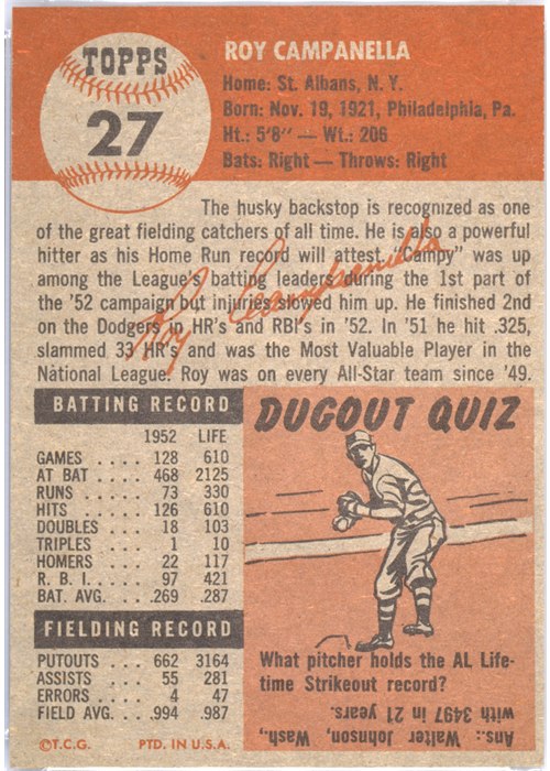 1953 Topps #27 Roy Campanella card back