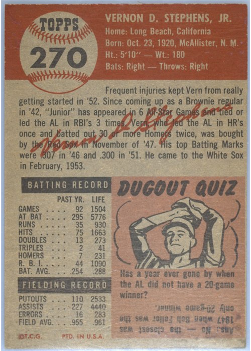 1953 Topps #270 Vern Stephens card back