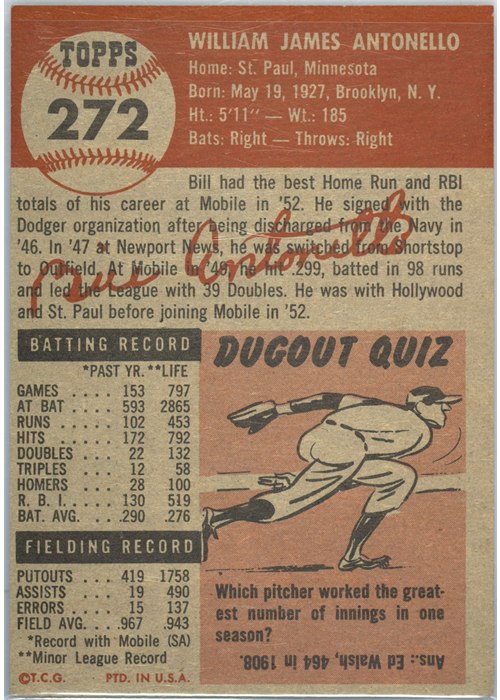 1953 Topps #272 Bill Antonello card back