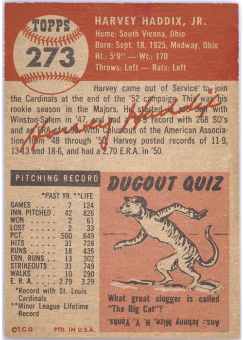 1953 Topps #273 Harvey Haddix card back