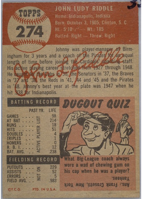 1953 Topps #274 Johnny Riddle card back