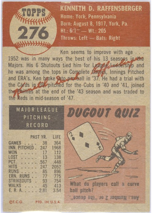 1953 Topps #276 Ken Raffensberger card back
