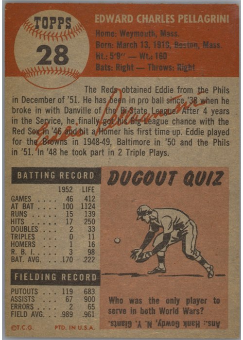 1953 Topps #28 Eddie Pellagrini card back