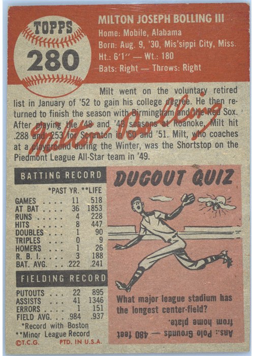 1953 Topps #280 Milt Bolling card back