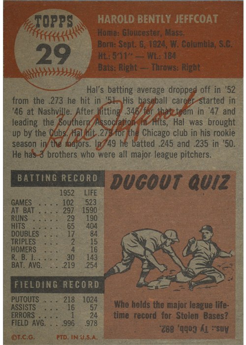 1953 Topps #29 Hal Jeffcoat card back