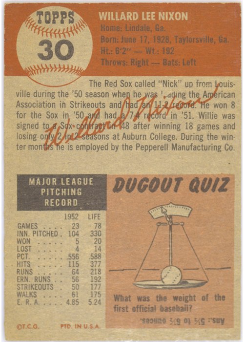 1953 Topps #30 Willard Nixon card back