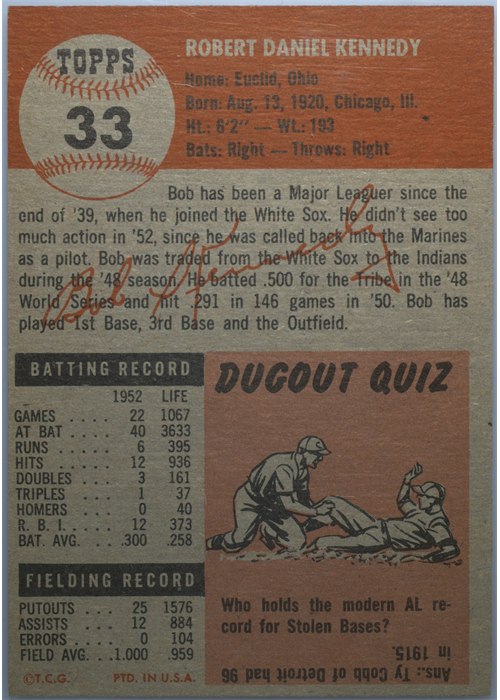 1953 Topps #33 Bob Kennedy card back