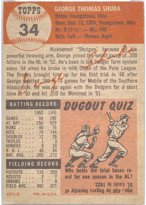 1953 Topps #34 George Shuba card back