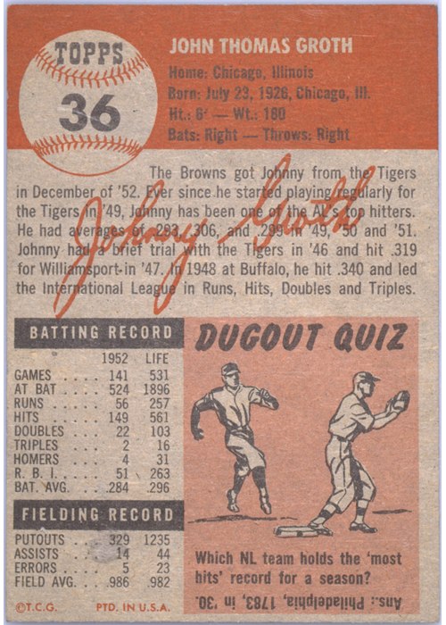 1953 Topps #36 Johnny Groth card back