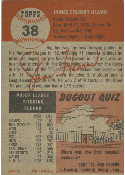 1953 Topps #38 Jim Hearn card back