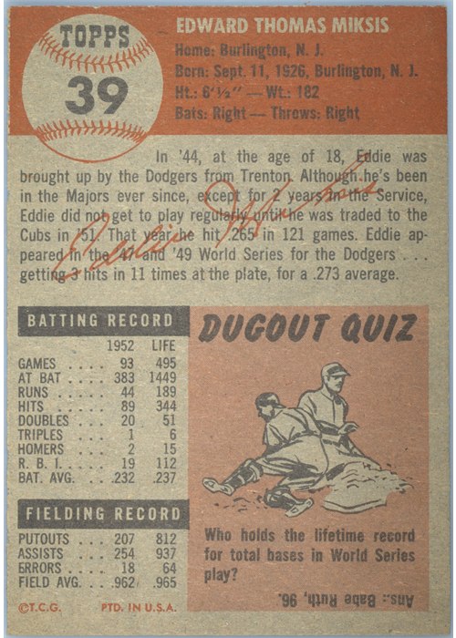1953 Topps #39 Eddie Miksis card back