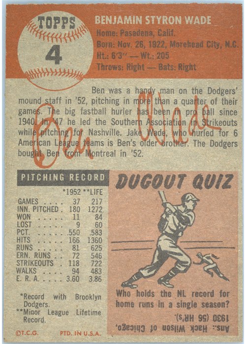 1953 Topps #4 Ben Wade card back