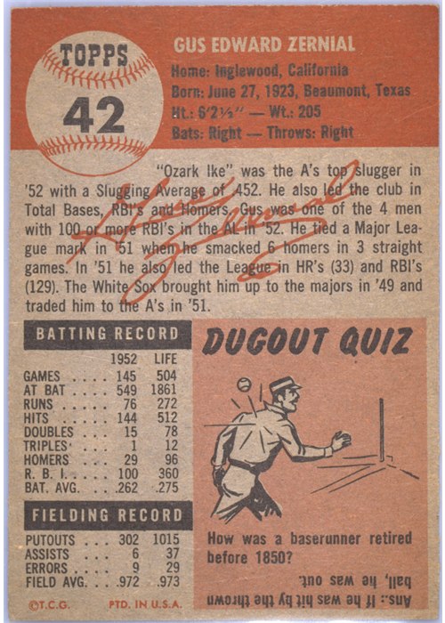 1953 Topps #42 Gus Zernial card back