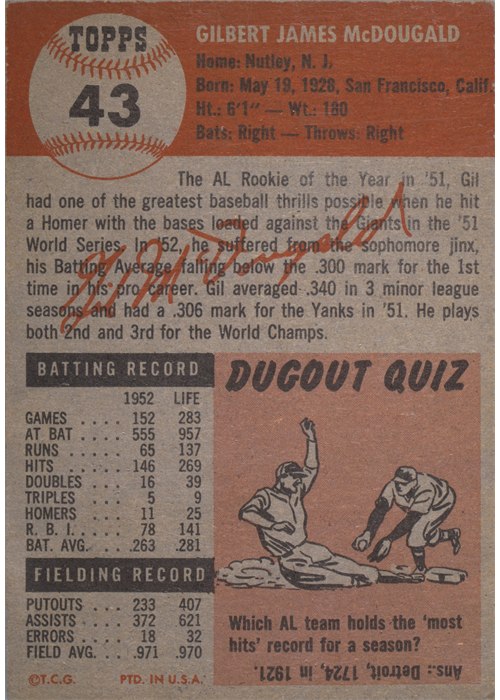 1953 Topps #43 Gil McDougald card back