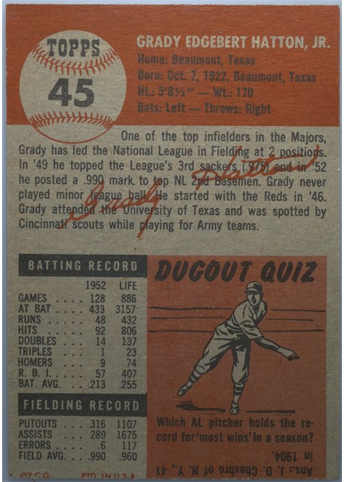 1953 Topps #45 Grady Hatton card back