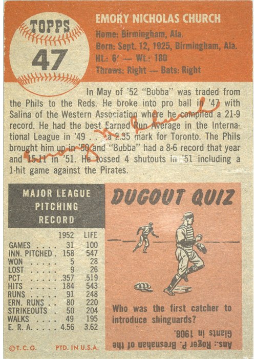 1953 Topps #47 Bubba Church card back