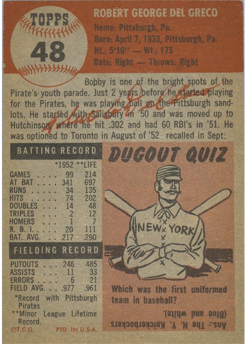 1953 Topps #48 Bob Del Greco card back