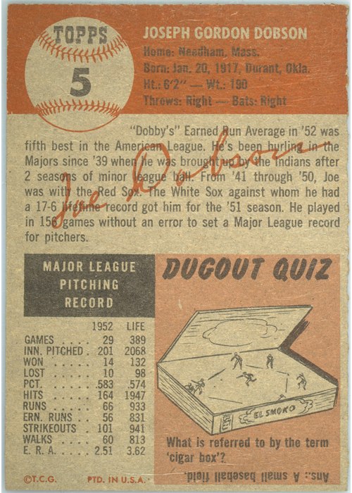 1953 Topps #5 Joe Dobson card back