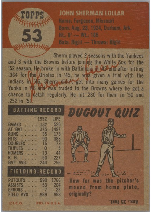 1953 Topps #53 Sherm Lollar card back