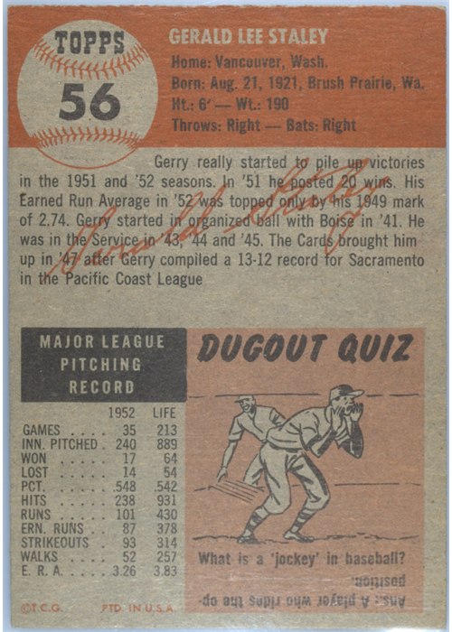 1953 Topps #56 Gerald Staley card back