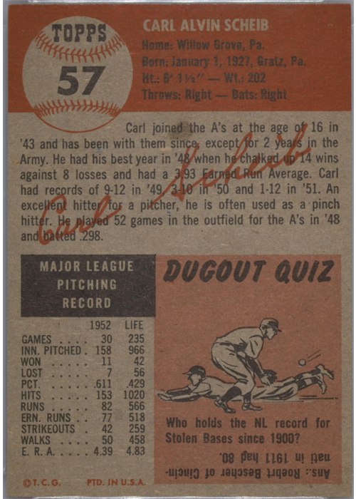 1953 Topps #57 Carl Scheib card back