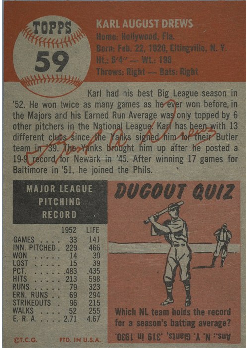 1953 Topps #59 Karl Drews card back