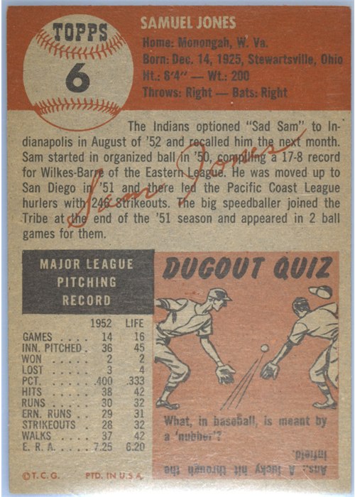 1953 Topps #6 Sam Jones card back