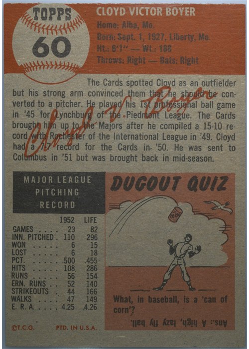 1953 Topps #60 Cloyd Boyer card back