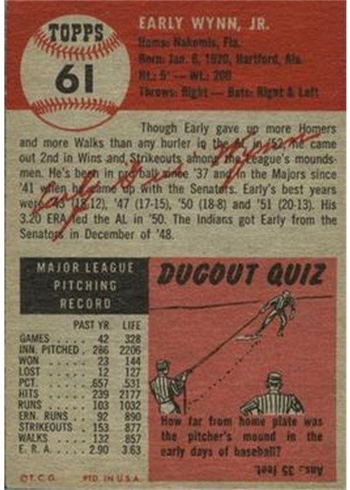 1953 Topps #61 Early Wynn card back
