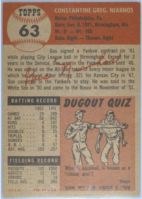 1953 Topps #63 Gus Niarhos card back