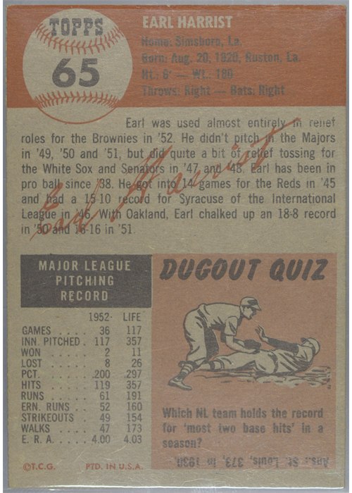 1953 Topps #65 Earl Harrist card back