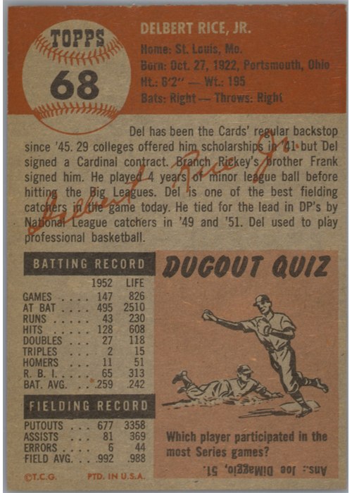1953 Topps #68 Del Rice card back