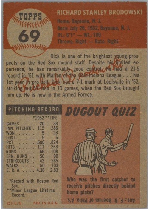 1953 Topps #69 Dick Brodowski card back