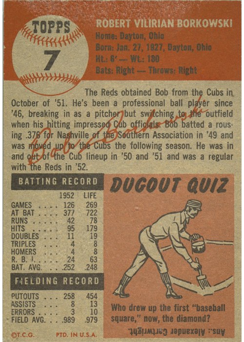 1953 Topps #7 Bob Borkowski card back