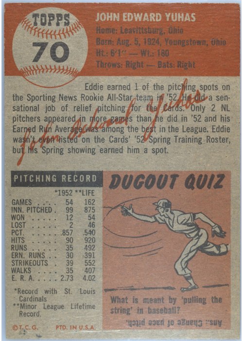 1953 Topps #70 Ed Yuhas card back