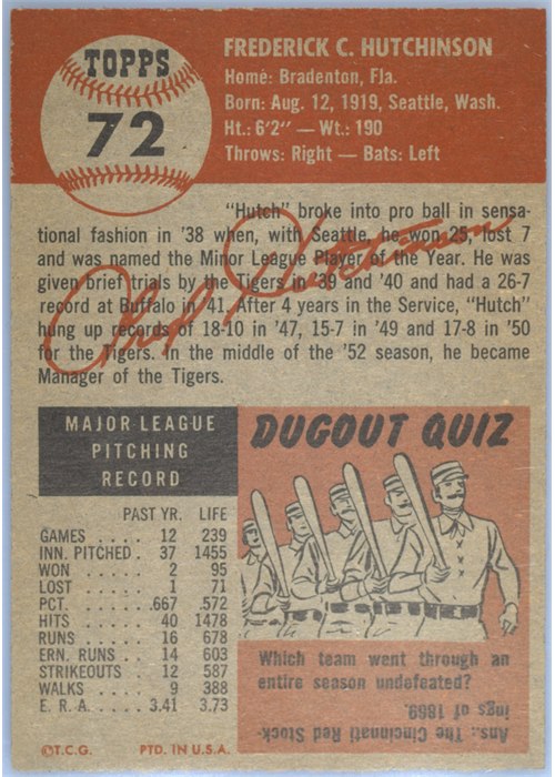 1953 Topps #72 Fred Hutchinson card back